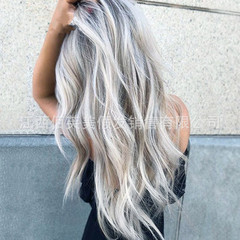 Foreign trade wig for women with long curly hair, big waves, black and gray gradient color, T-color long hair, European and American fashionable chemical fiber headgear