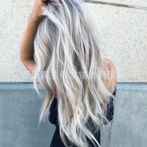 Foreign trade wig for women with long curly hair, big waves, black and gray gradient color, T-color long hair, European and American fashionable chemical fiber headgear