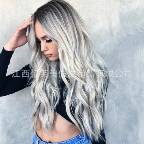 Foreign trade wig for women with long curly hair, big waves, black and gray gradient color, T-color long hair, European and American fashionable chemical fiber headgear