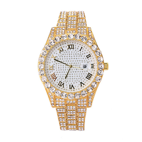 Cross-border foreign trade new style starry steel belt with diamonds hip-hop men's watch rhinestone Roman pattern calendar quartz women's watch
