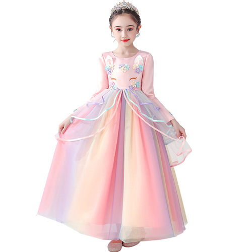Princess dress for girls, unicorn theme, junior and senior size flower festival performance dress, ballgown style with net underskirt