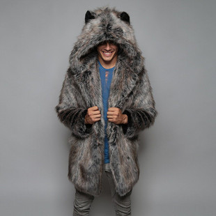 European and American Export Large Size Autumn and Winter New Imitation Fur Mid-Length Hooded Artificial Fur Outwear Men's Mid-Length Outwear