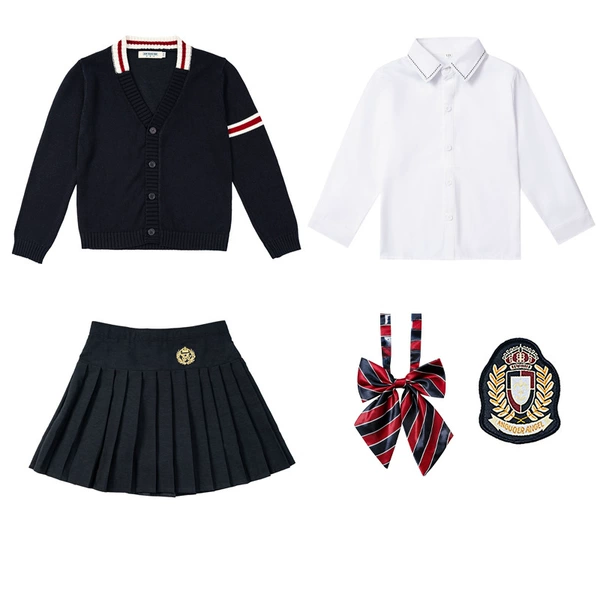 Cardigan, sweater, shirt, pleated skirt