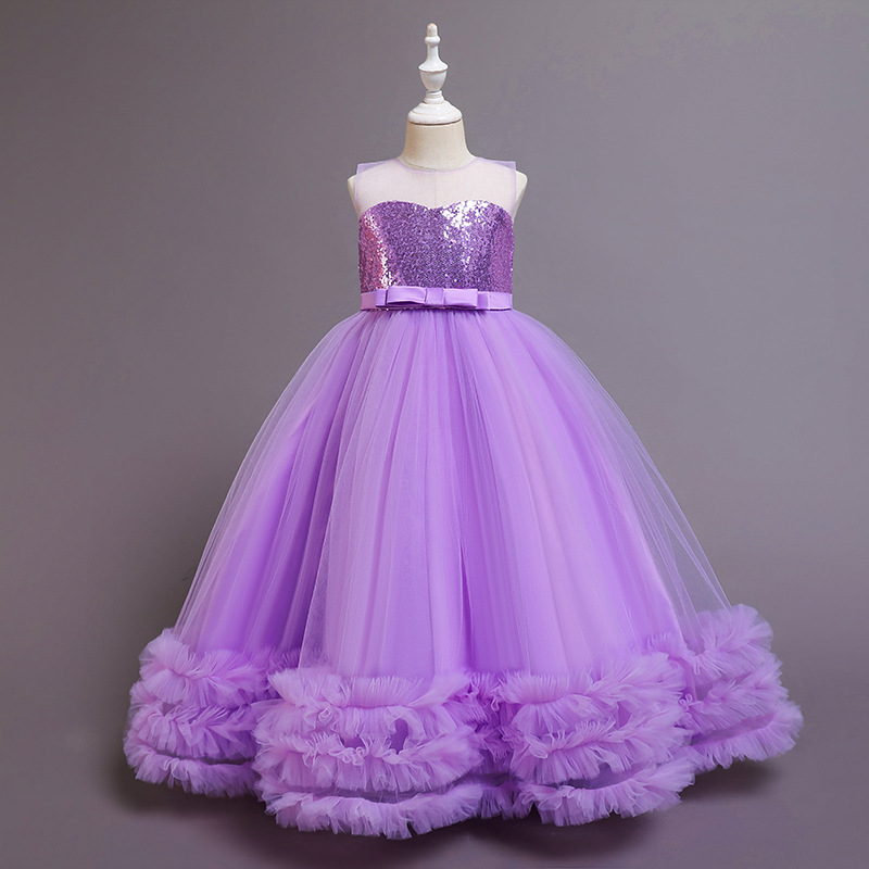 Amazon transfronterizo vestido de los niños verano niñas lentejuelas vestido de novia de malla bordada princesa pettiskirt