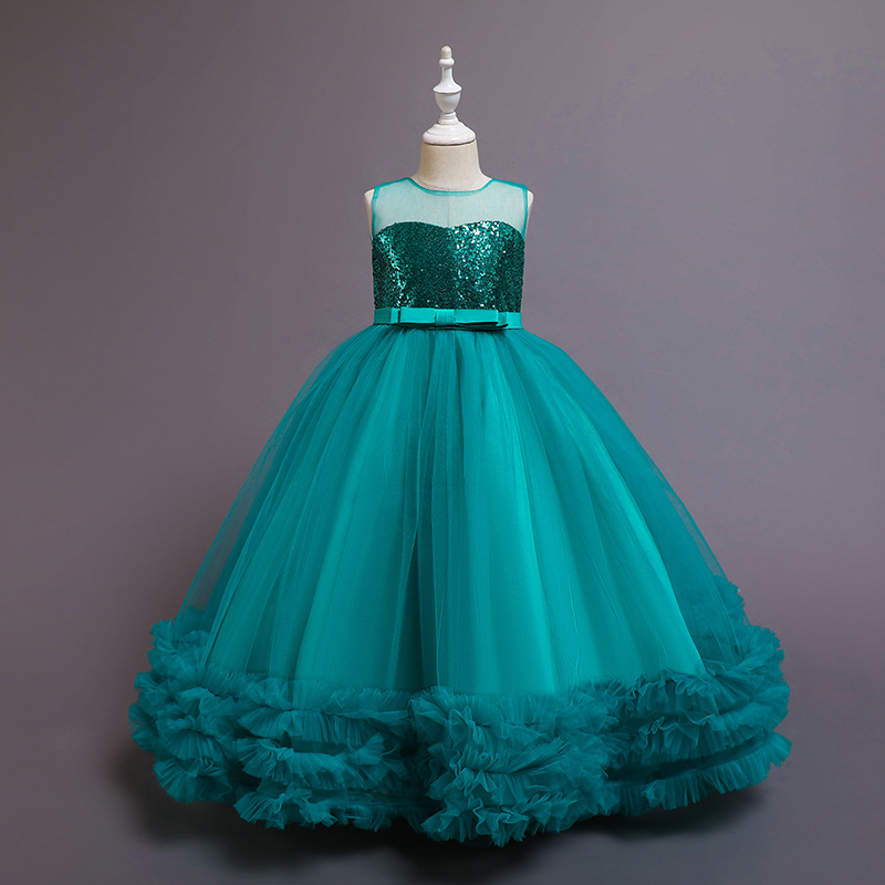 Amazon transfronterizo vestido de los niños verano niñas lentejuelas vestido de novia de malla bordada princesa pettiskirt