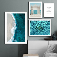 跨境海浪蓝花海报墙海滨风景版画油画北欧客厅卧室装饰画图片画芯