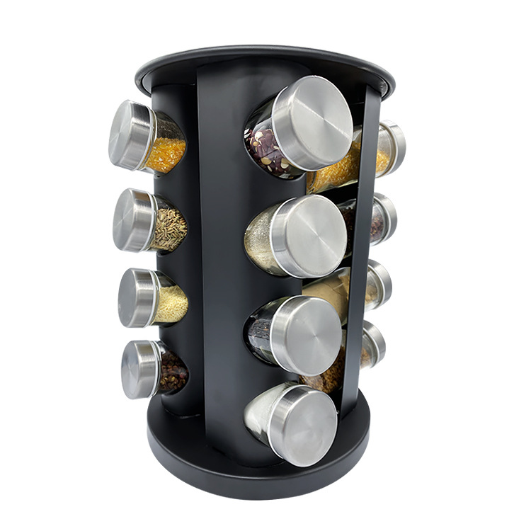 Plástico transfronterizo pulverización de acero inoxidable condimento estante botella de vidrio rack con 16 tipos de latas de condimento giratorio condimento rack
