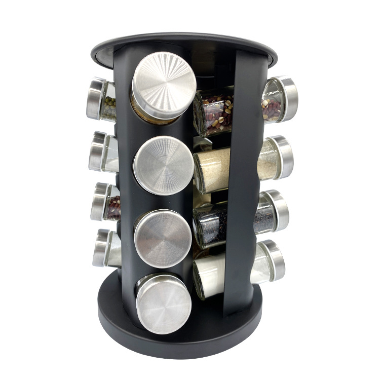Plástico transfronterizo pulverización de acero inoxidable condimento estante botella de vidrio rack con 16 tipos de latas de condimento giratorio condimento rack