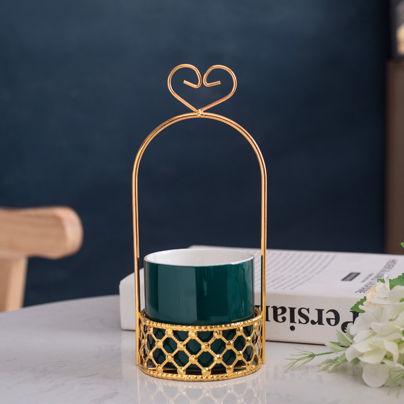 Cestas de flores de metal doradas creativas de escritorio maceta de cerámica verde decoración de mesa de té de sala de estar