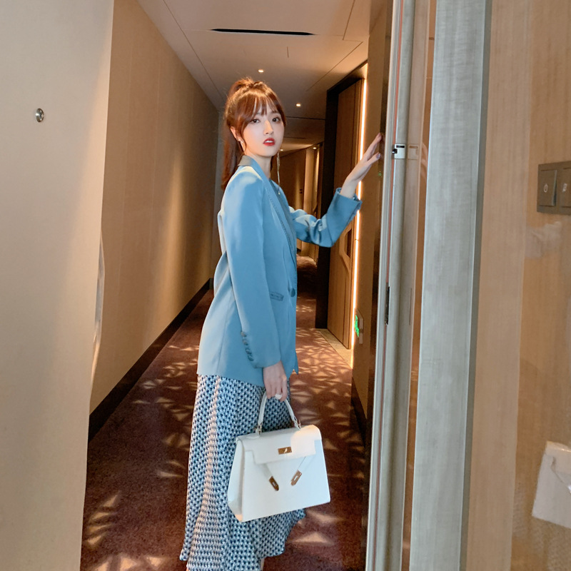 Bộ đầm vest họa tiết houndstooth kèm áo khoác và váy quây — Màu xanh lam