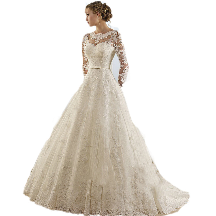 Long-Sleeved Wedding Dress 20225A Style New Export Tail Lace Backless Bridal Wedding Dress Tail Wedding Dress for Women