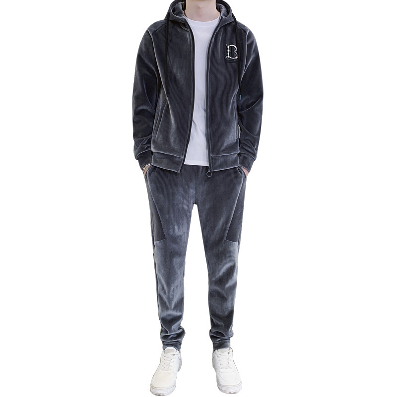 Traje deportivo para hombre Otoño e Invierno Nueva ropa deportiva de terciopelo dorado para hombre casual Chaqueta de punto con capucha de manga larga