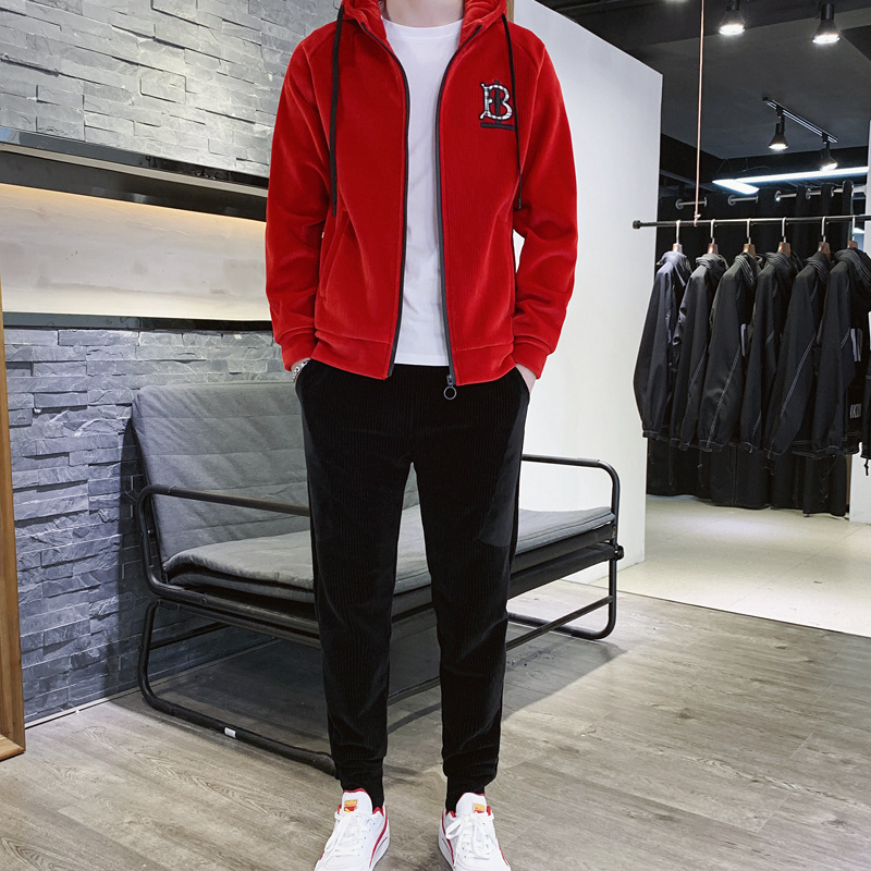 Traje deportivo para hombre Otoño e Invierno Nueva ropa deportiva de terciopelo dorado para hombre casual Chaqueta de punto con capucha de manga larga