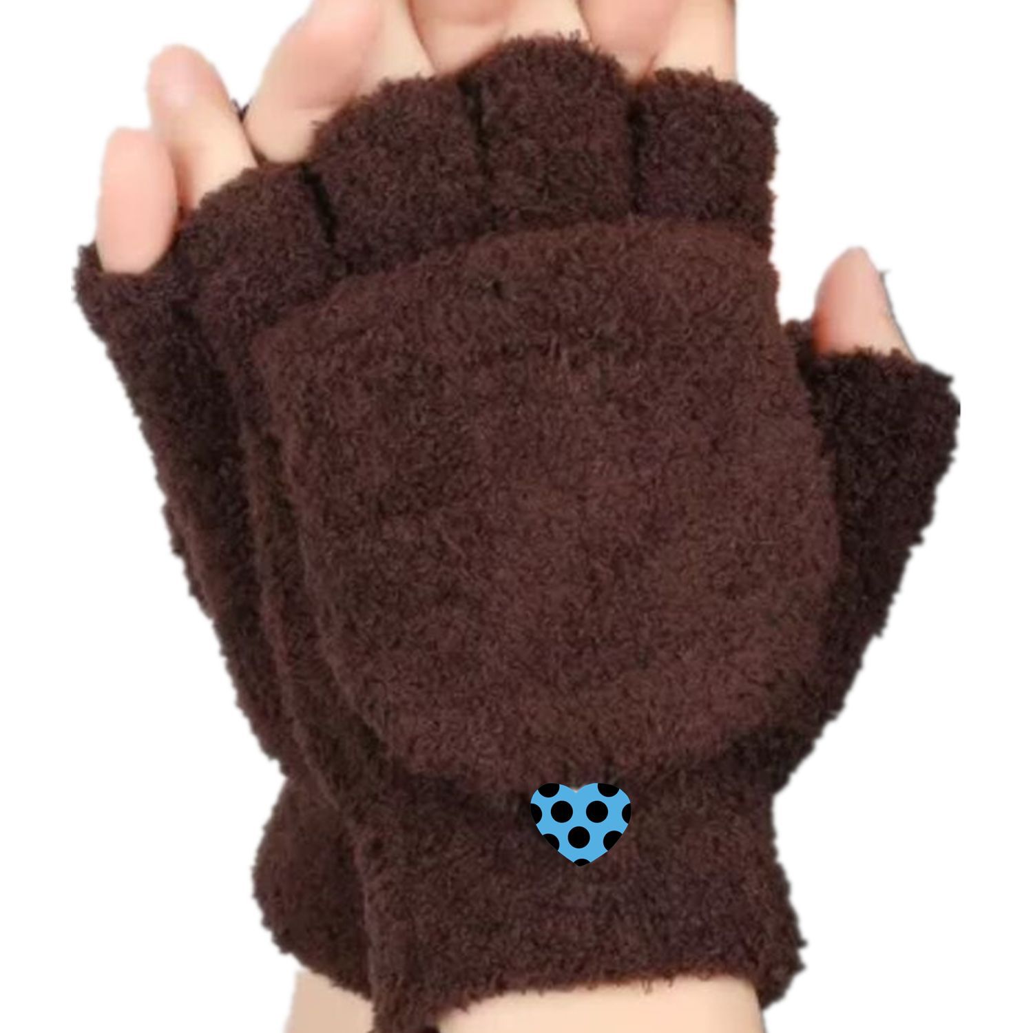 珊瑚绒包盖手套干发保暖清洁舒适时尚翻盖半指手套写字打电脑均可