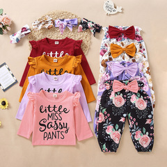 Amazon European and American flower letter pattern sleeve bow dress set for girls, three-piece set, foreign trade wholesale, drop shipping one piece.
