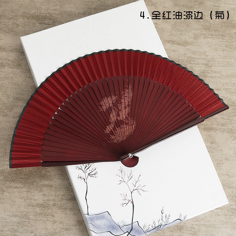 Ventilador publicitario personalizado transfronterizo bambú punta corta Borde de pintura superficie de seda ventilador plegable hueso tallado grabado procesamiento al por mayor ventilador antiguo