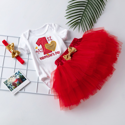 Baby pure cotton short-sleeved khaki with exquisite embroidery letters 1st birthday suit Valentine's Day clothing mesh princess dress