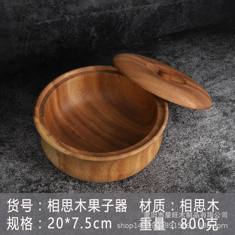 Suministro directo de fábrica madera maciza japonés y coreano tazón de fideos instantáneos fruta de excavación de madera entera con tapa madera de acacia tazón grande redondo en stock