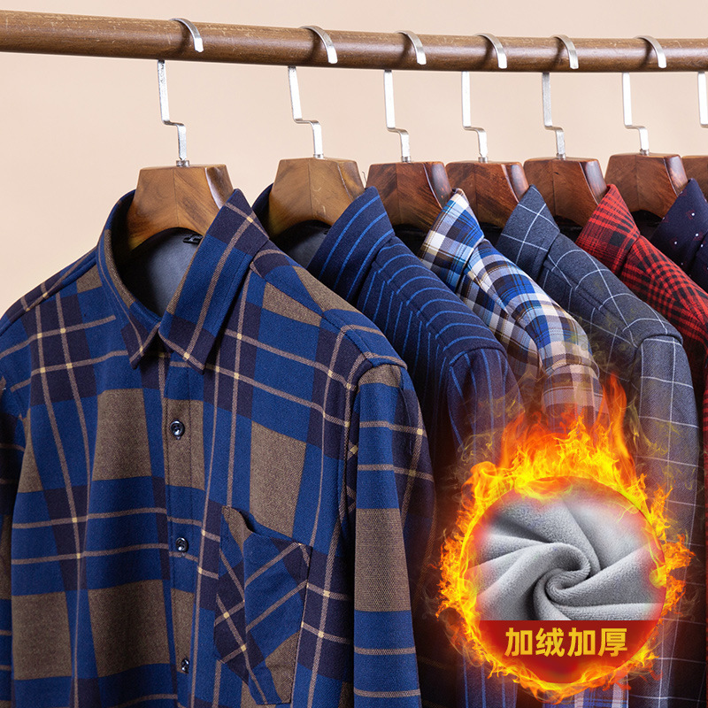 Men's Middle-aged and elderly warm plaid shirt fleece-lined thickened cardigan one-piece delivery dad wear double-sided velvet shirt CY