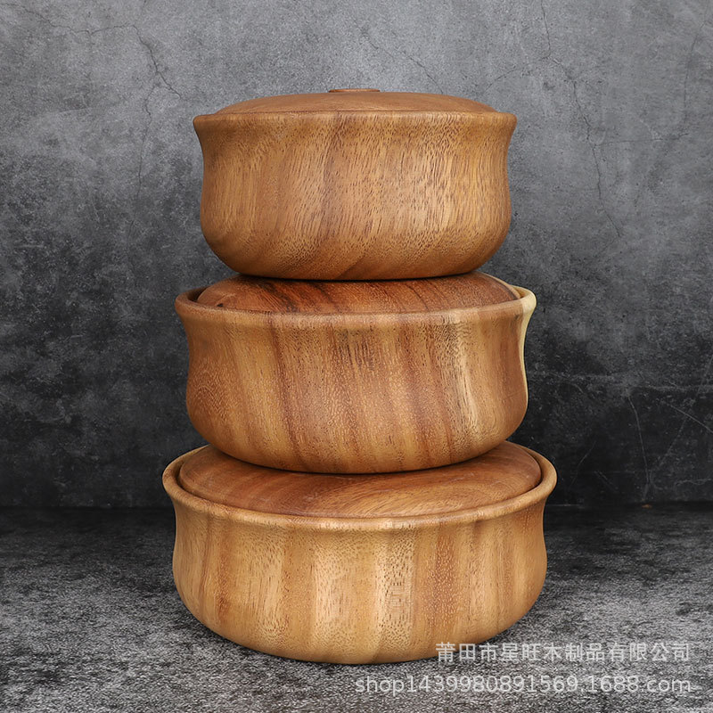 Suministro directo de fábrica madera maciza japonés y coreano tazón de fideos instantáneos fruta de excavación de madera entera con tapa madera de acacia tazón grande redondo en stock