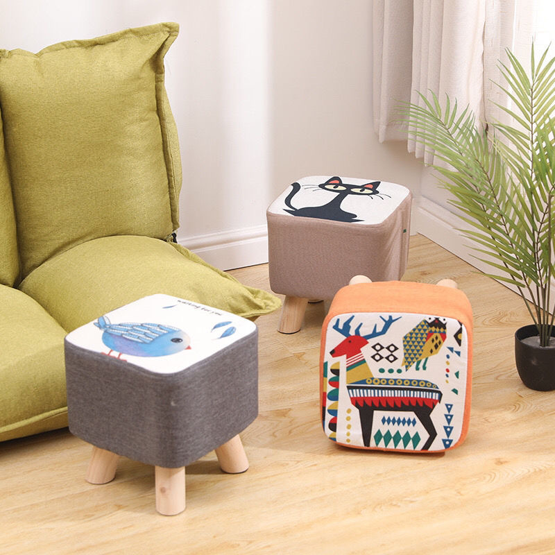 Solid Wood Fabric Stool, Gift Item, Shoe-Fitting Bench, Small Stool with Removable & Washable Cover, Advertising Bench, Home Furniture Stool, Shoe-Changing Seat, Cartoon-Style Stool
