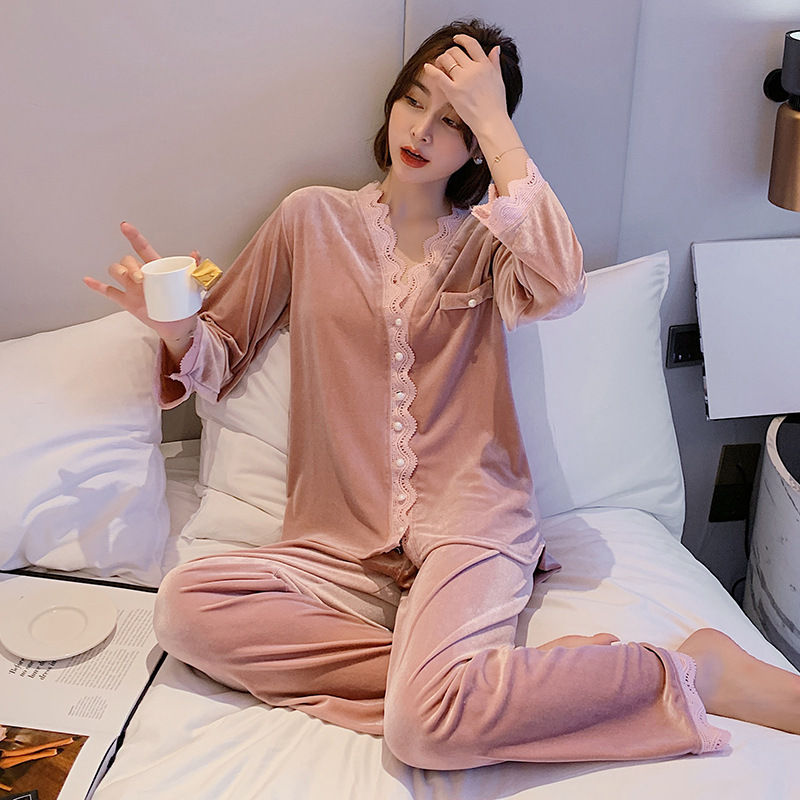 Pajamas Women's Autumn and Winter New Gold Velvet Long-sleeved Cardigan Two-piece Suit Tiktok Internet Popular Sexy Lace Home Clothes