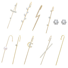 925銀鑲嵌鑽石鍍真金耳掛穿刺耳針女 設計閃電環繞耳廓式斜線耳釘