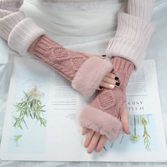 Billion Autumn and Winter Student Writing Bare Finger Warmth Korean Version Women's Half Finger Wool Mouth Two Rhombus Bare Finger Short Woolen Gloves