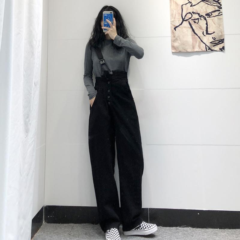 Black One-shoulder Denim Suspender Pants Women's Korean-style Loose Spring Removable Two-piece Wide-leg Age-reducing Floor Suspender Pants