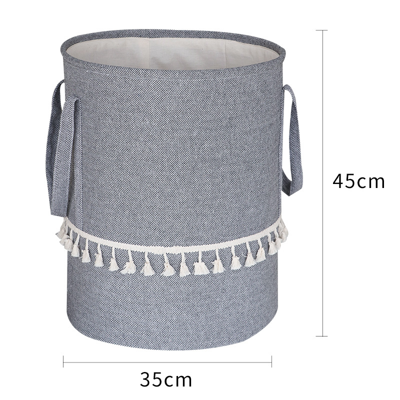 Fábrica de suministro transfronterizo de yute algodón Lino tela Cubo de almacenamiento de juguete plegable cesta de almacenamiento de artículos diversos entrega de estilo borla