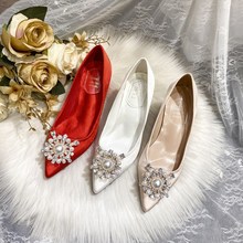 红色粗跟婚鞋女2023年孕妇低跟结婚鞋水钻中式秀禾鞋敬酒服新娘鞋