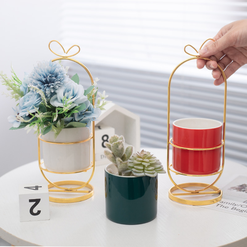 Hierro suculento soporte florero maceta cerámica chapado en oro maceta soporte planta verde flor artificial decoración del hogar