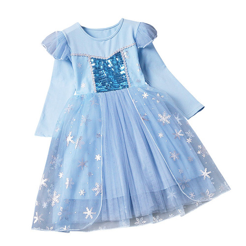 New Product Frozen Elsa Princess Dress for Girls, Spring and Summer Long-Sleeve or Short-Sleeve Net Puff Dress