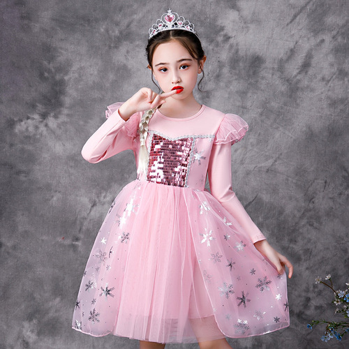 New Product Frozen Elsa Princess Dress for Girls, Spring and Summer Long-Sleeve or Short-Sleeve Net Puff Dress