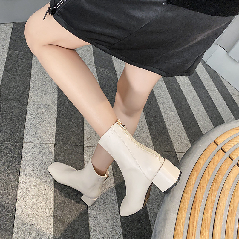2023 Autumn/Winter New Network Red Slim Boots with Square Head Velvet Mid Cap Thick Heel and Zipper Back_voghion.com