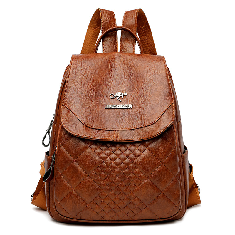 Bolso grande con textura de cuero suave 2021 nuevo europeo y americano retro rombo casual gran capacidad viaje temperamento mochila para mujeres