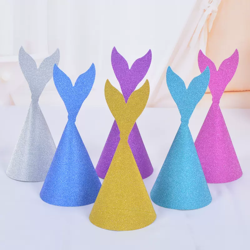 批发生日帽美人鱼闪粉金葱纸帽卡通鱼尾巴生日帽子派对装饰10个装