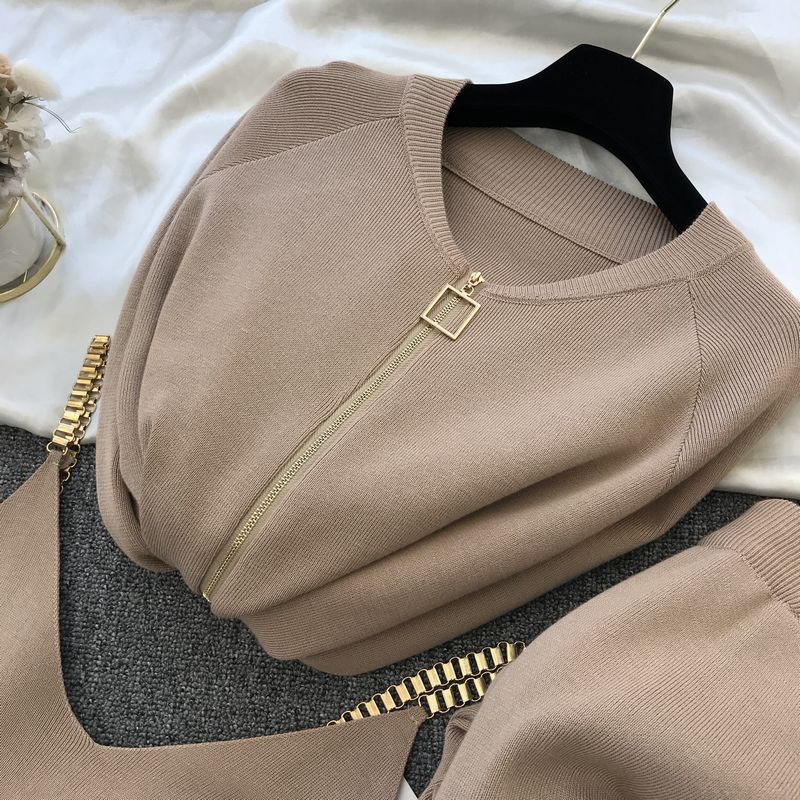 Damenbekleidung Strickanzug neue Weste Jacke Fuß elastische Hose modischer dreiteiliger Anzug_voghion.com