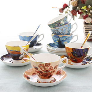 British-style light luxury dish spoon afternoon tea cup Van Gogh oil painting bone china coffee cup creative gift ceramic cup