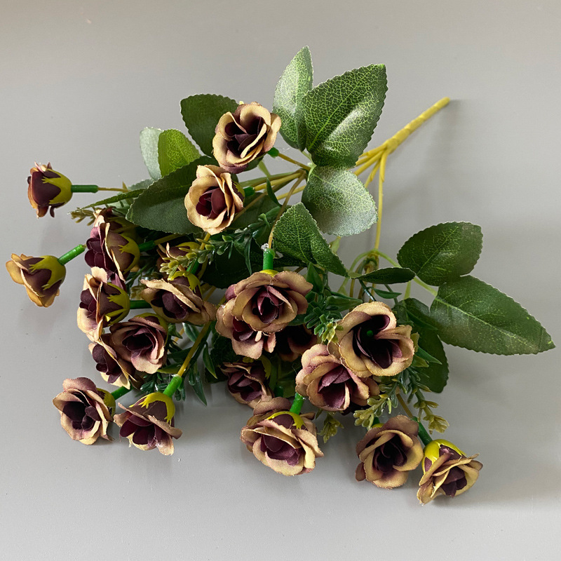 Rosa artificial 25-cabeza pequeña Rosa artificial boda decoración del hogar flor falsa mini pequeño mango manojo flor artificial