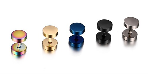 Korean black men's titanium steel dumbbell earrings, hip-hop rock round trendy earrings, jewelry wholesale 110