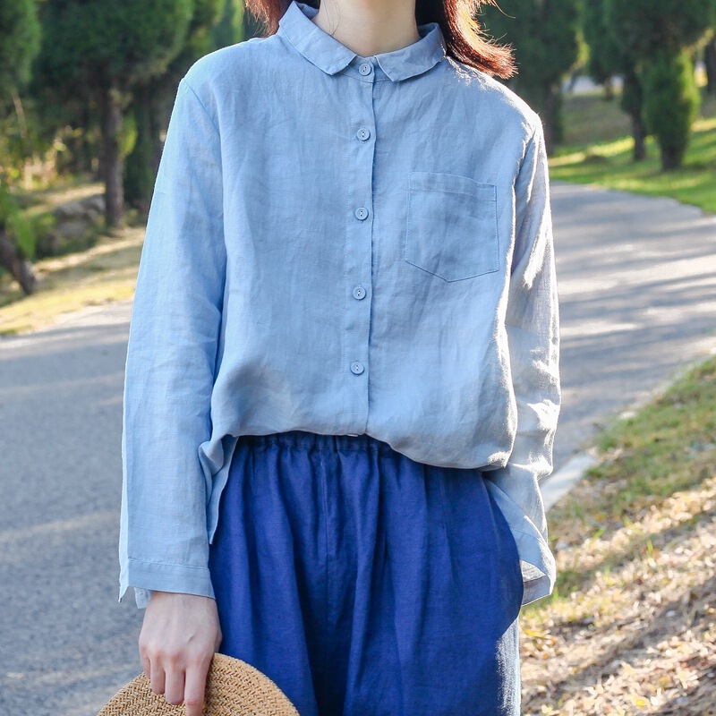 S9667 Women's Linen Long-Sleeved Shirt Washed Simple Cloth Long and Short Style