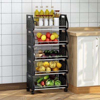 不锈钢厨房置物架落地多层储物架厨房用品零食杂物收纳带轮置物架|ru