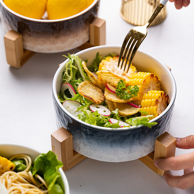 INS Nórdico creativo patrón de piedra tazón de cerámica Hogar personalizado tazón de sopa tazón de fideos instantáneos con estante de madera tazón de ensalada de frutas vajilla