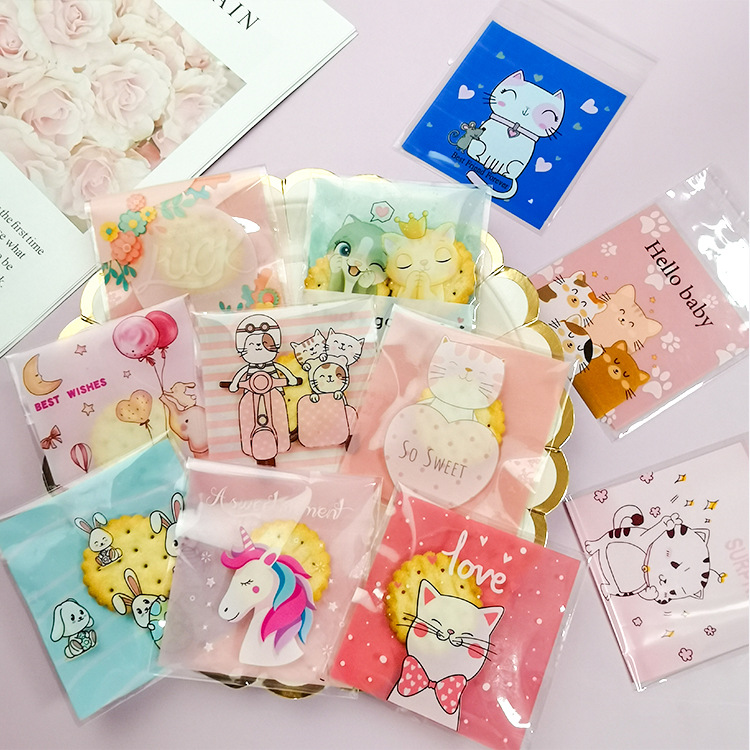 Bolsa autoadhesiva de dibujos animados para hornear embalaje bolsa de autosellado bolsa de galletas bolsa de bocadillos bolsa de dulces 7*7 + 3/100 piezas