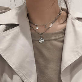 s925银天使圆牌项链女简约小众设计感复古质感时尚网红星星锁骨链