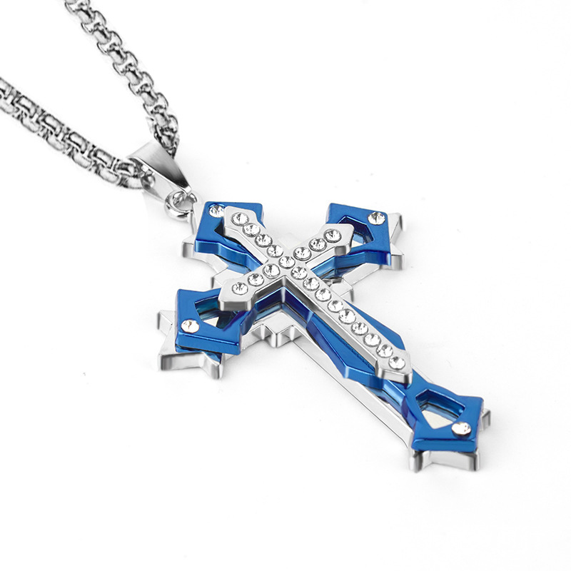 Collier unisexe en acier inoxydable moulé, orné d'une croix et de multiples diamants, style européen et américain, collection 2026 Foreign Trade._voghion.com