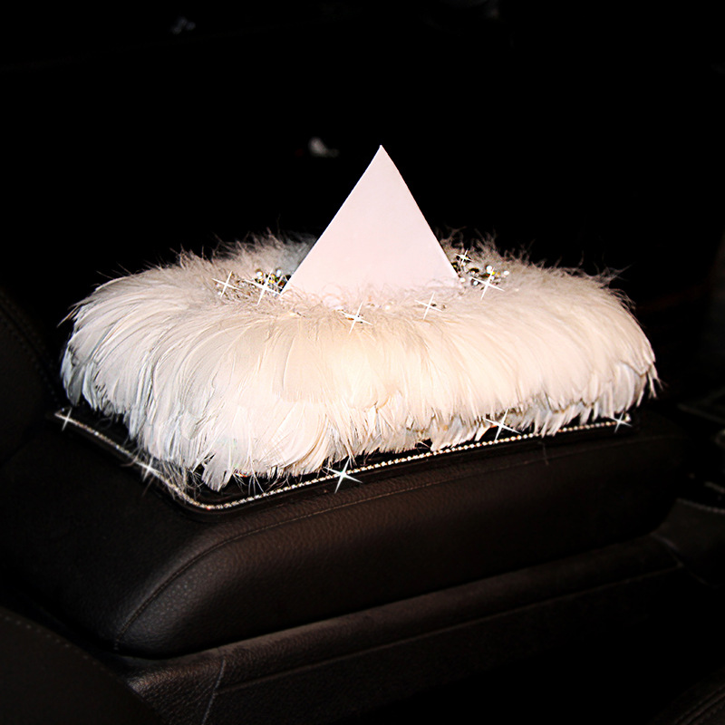 Caja de pañuelos para coche, decoración de asiento, caja de servilletas de coche con plumas de diamantes de imitación para coche, decoración interior brillante y hermoso