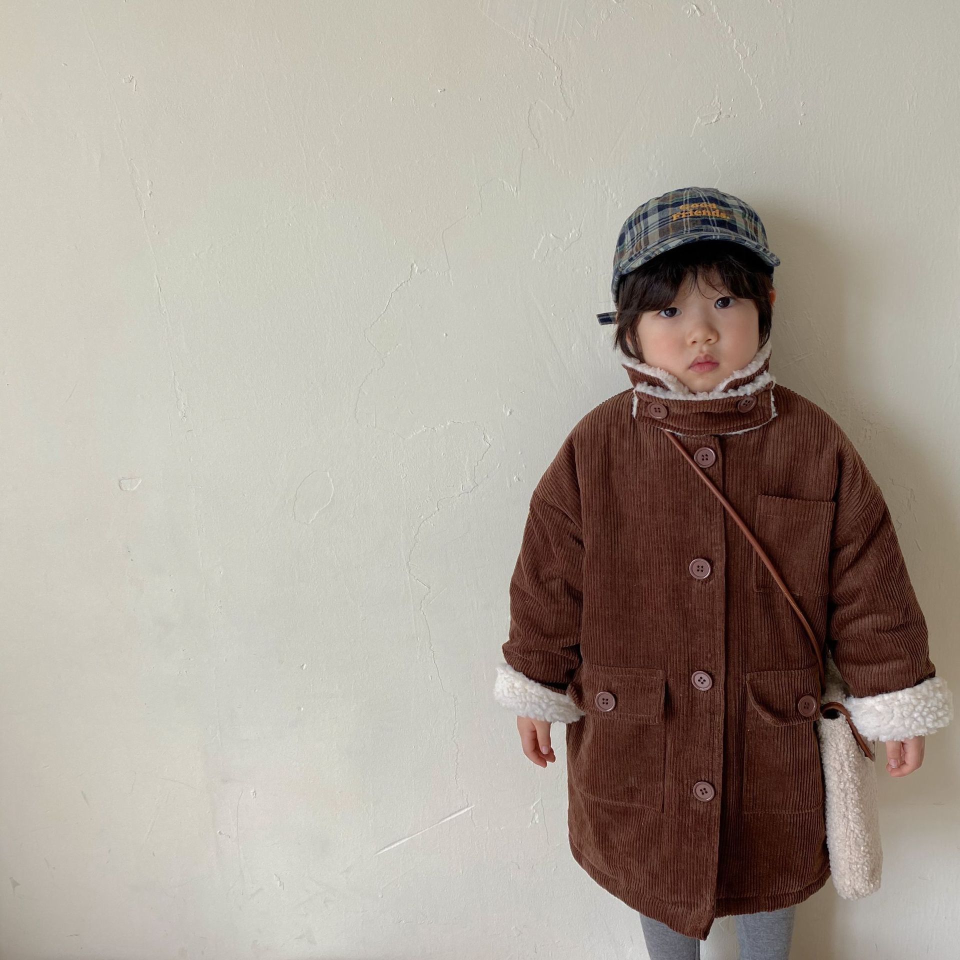 (2개) 아동복 겨울 한국식 어린이 두꺼운 코듀로이 중장 코트 기모 양고기 양모 코트 소년 소녀