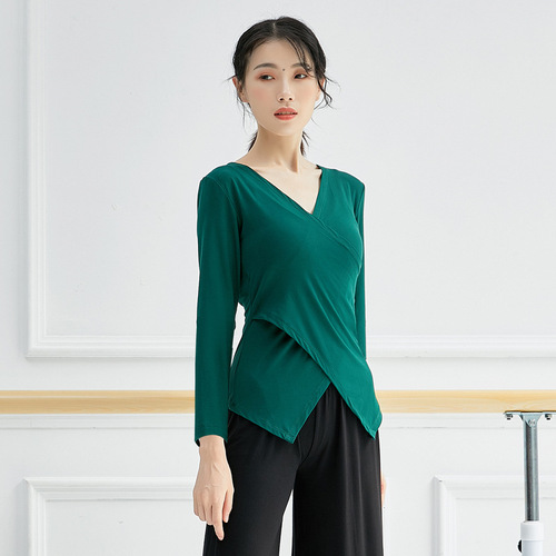 Yoga practice clothes for adults, long-sleeved T-shirts, cross-collar Latin dance tops, modern body dance clothes, 230g fabric
